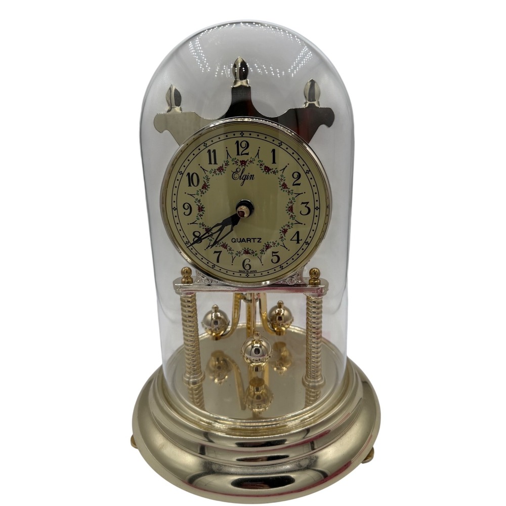 Vintage Elgin Quartz Anniversary Clock Glass Dome Floral Rose Face Made in Japan